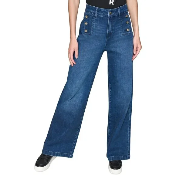 KARL LAGERFELD PARIS Petite Mid-Rise Wide-Leg Jean Blue Size 8P MSRP $109 - Picture 2 of 6